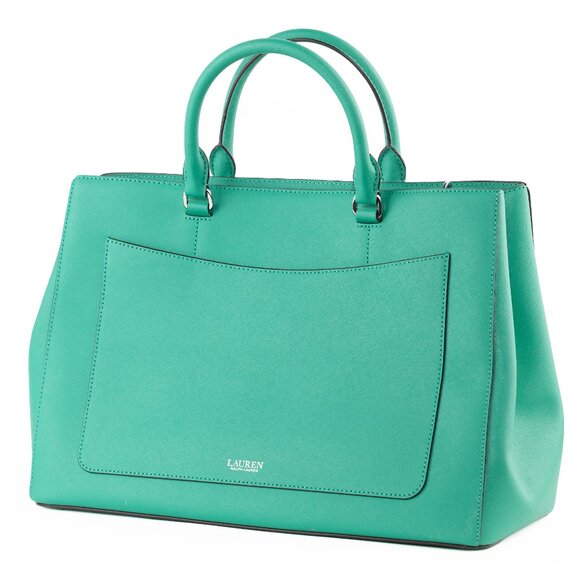 NWOT Lauren Ralph Lauren Large Hanna Satchel Crosshatch Leather Emerald Green - Picture 2 of 11